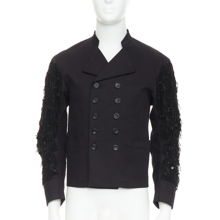 JOHN GALLIANO black fringe embellished sleeve double breasted jacket FR46 S