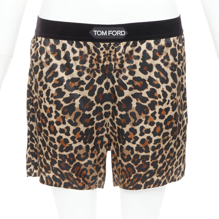 TOM FORD brown silk satin leopard print TF logo velvet trim shorts XS