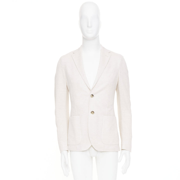 EQUIL beige flax cotton blend slub notch lapel patch pocket blazer jacket EU46 S
