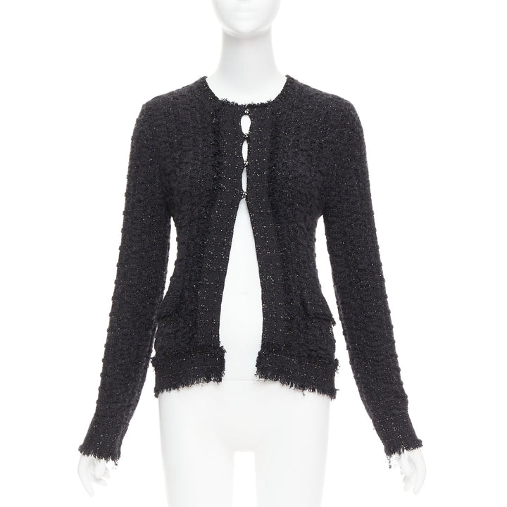CHANEL 05A black metallic tweed silver CC logo cardigan jacket FR38 M