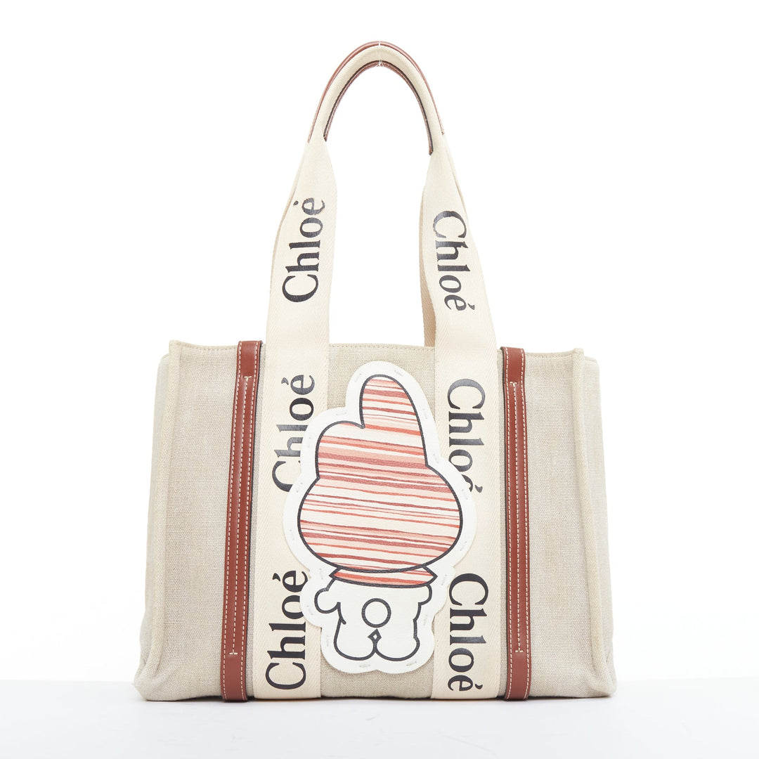 rare CHLOE My Melody Sanrio Woody beige canvas cream red leather patch tote bag