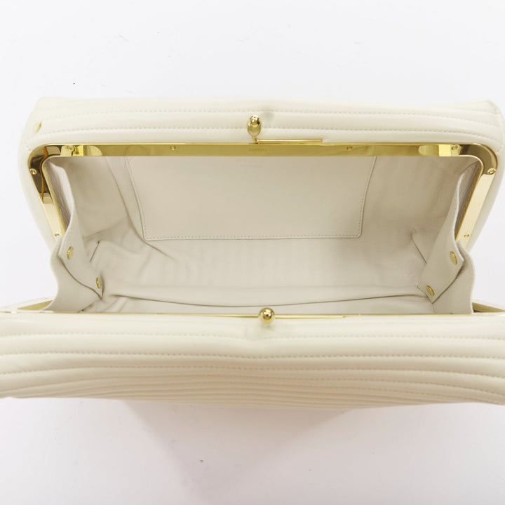 JIL SANDER Goji off white quilted topstitch leather kisslock oversize clutch bag