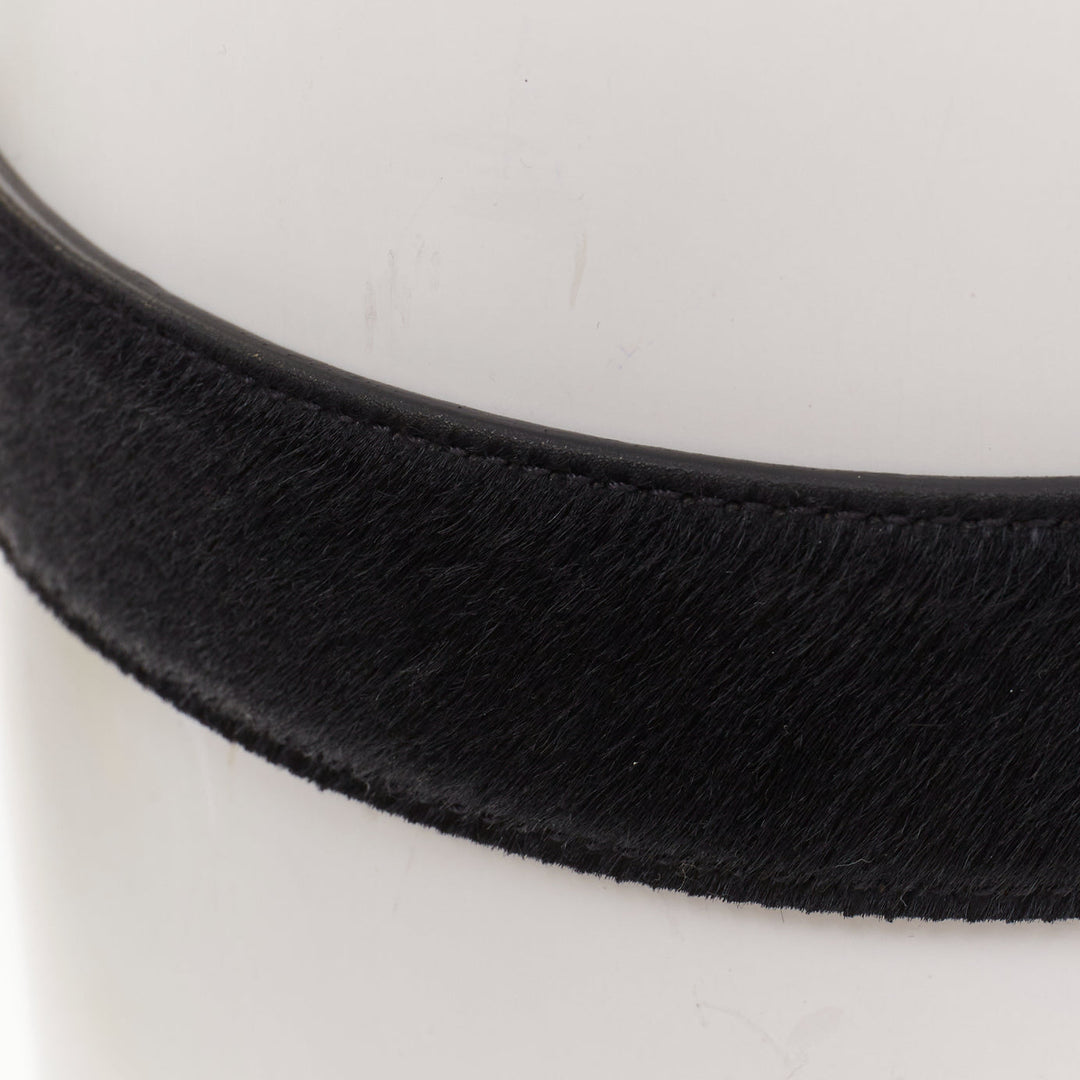 SAINT LAURENT 2021 Heart Buckle black calf hair gold hammered metal belt 65cm