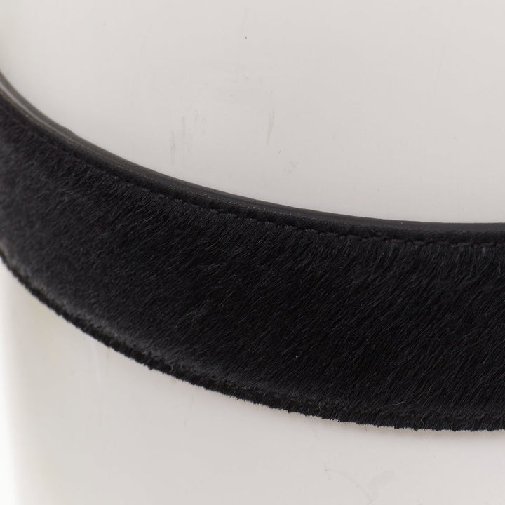 SAINT LAURENT 2021 Heart Buckle black calf hair gold hammered metal belt 65cm