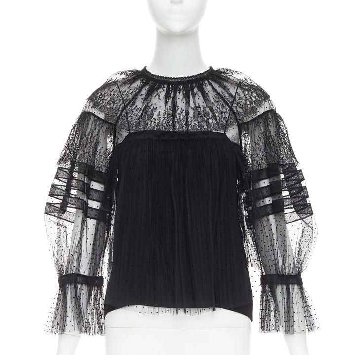 CHRISTIAN DIOR 2017 black sheer polka dot smocked lace Victorian top FR34 XS