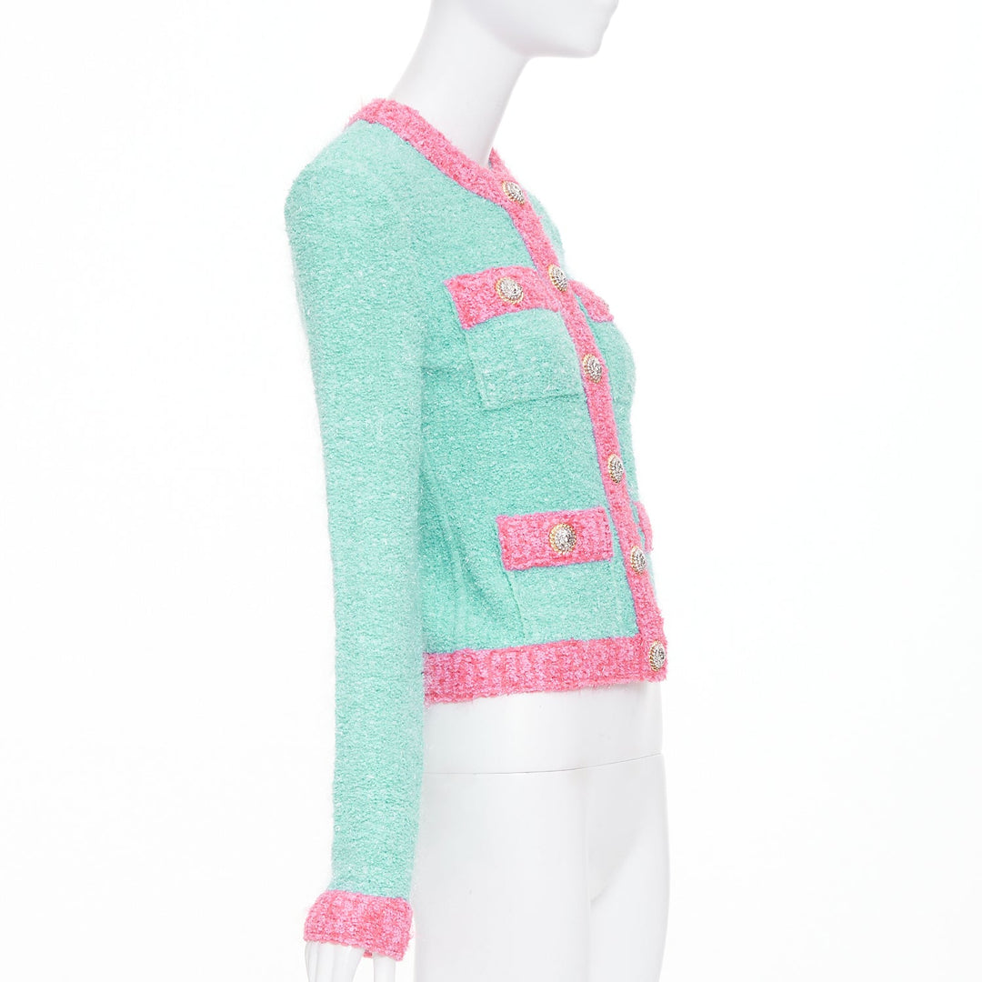 BALMAIN 2024 green pink boucle lurex buttoned knit cardigan FR34 XS