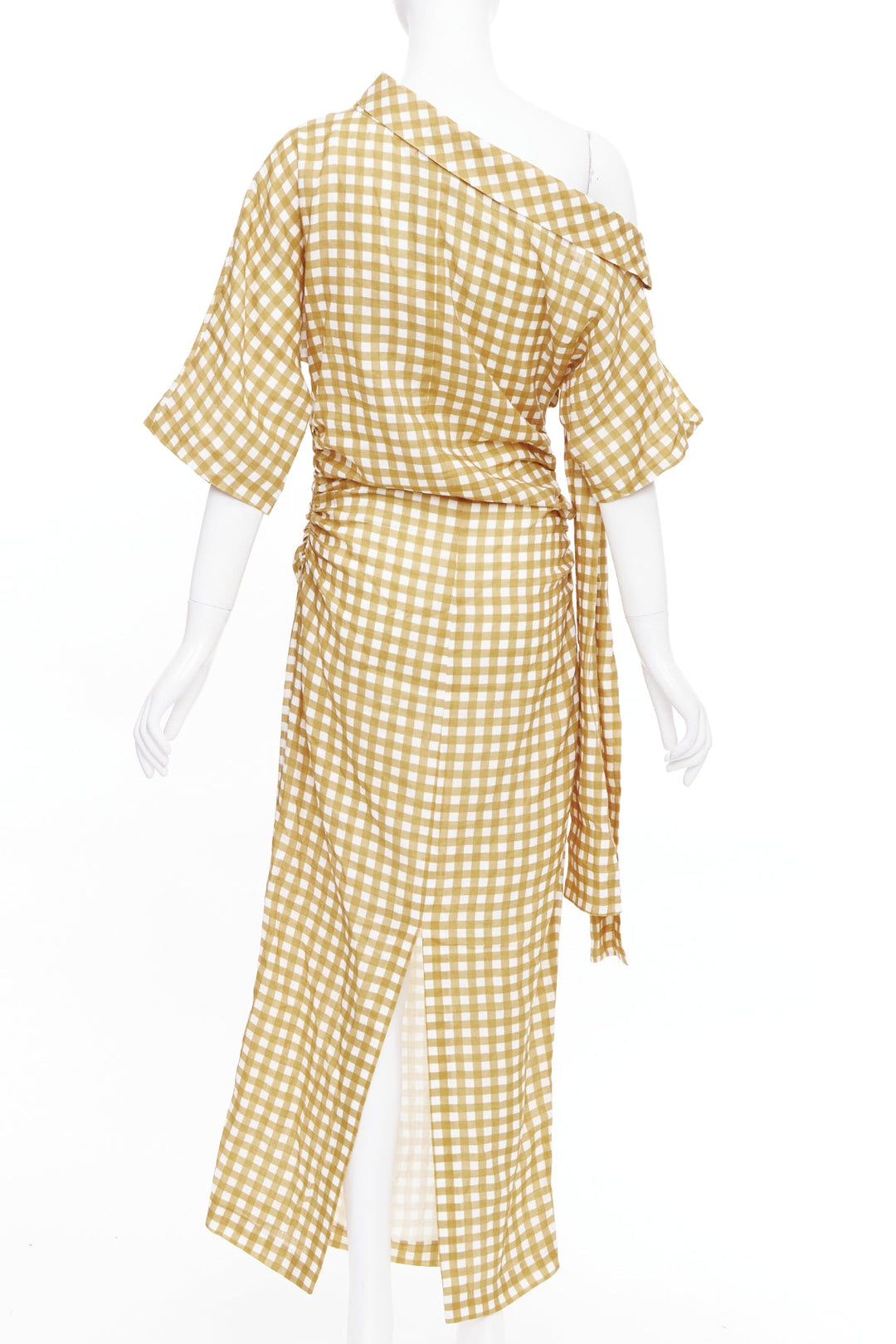 BERNADETTE Nowie brown off white gingham linen asymmetric belted dress IT40 S