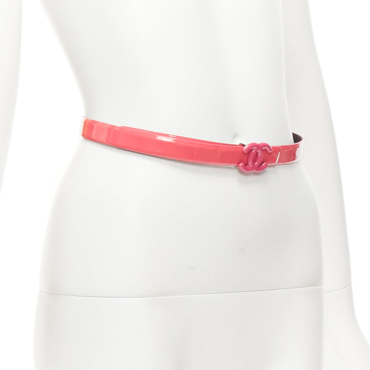 CHANEL B15P hot pink patent leather CC logo buckle skinny belt 70cm