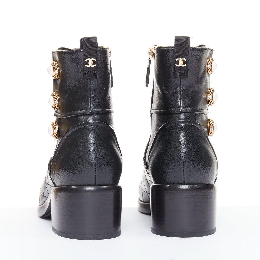 CHANEL 17A Paris Cosmopolite black lamb quilted pearl button ankle boots EU39.5
