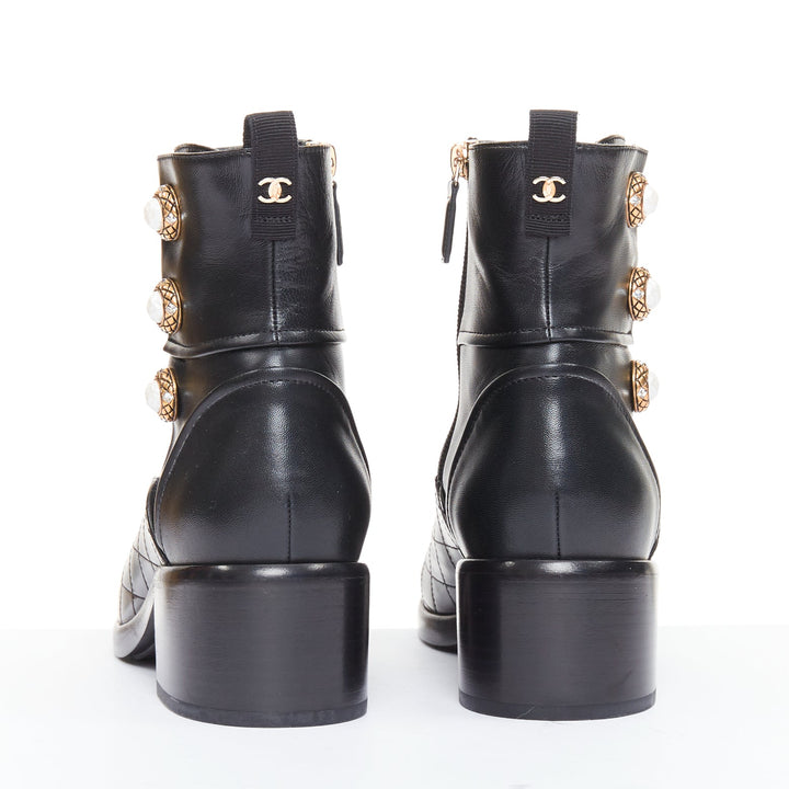 CHANEL 17A Paris Cosmopolite black lamb quilted pearl button ankle boots EU39.5