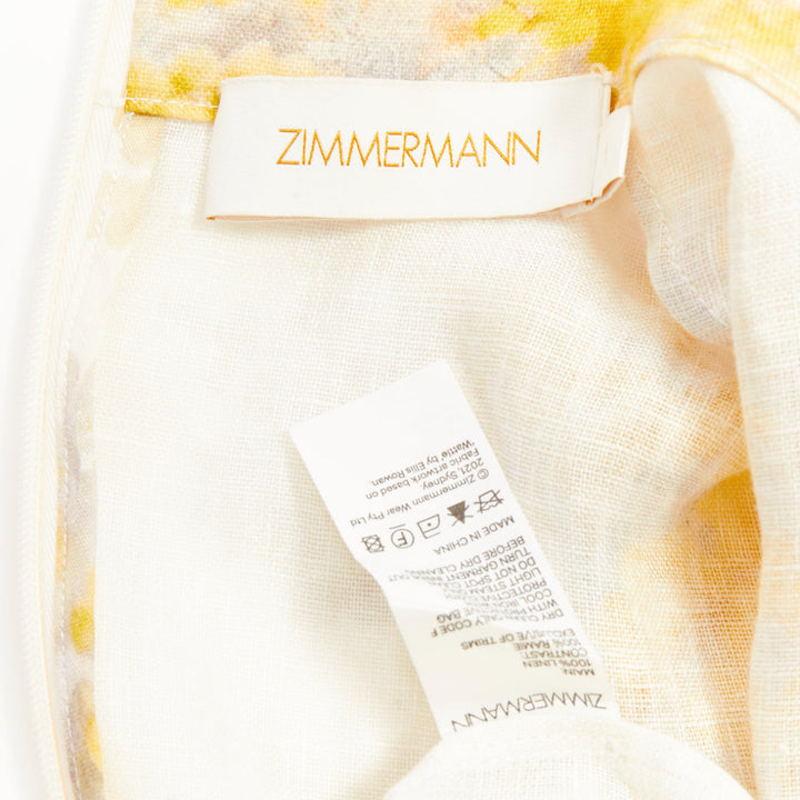 ZIMMERMANN 2021 Botanica yellow grey linen Wattle floral puff sleeve dress Sz1 S