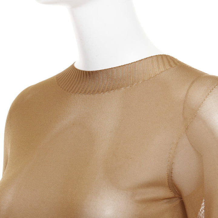 SAINT LAURENT 2023 Runway gold brown high neck fine knit sheer  maxi dress XS