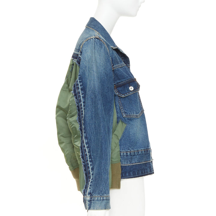 SACAI 2021 blue denim green nylon twill reconstructed hybrid MA-1 jacket JP2 M