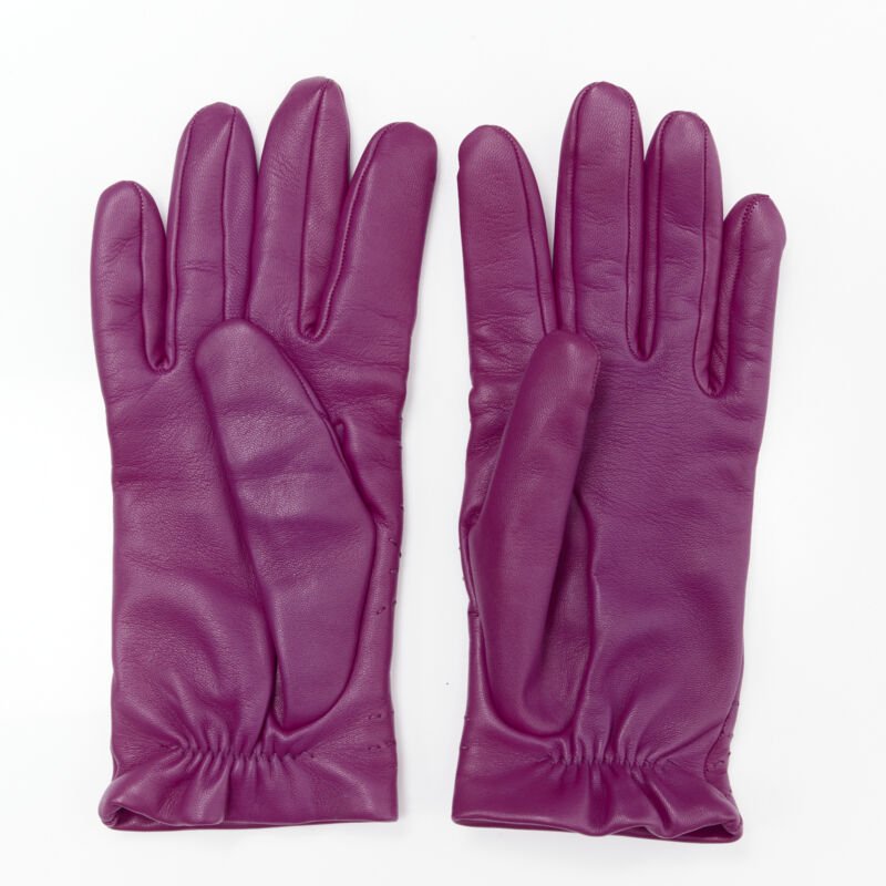 HERMES purple lamb leather overstitching 100% cashmere lined glove 7.5