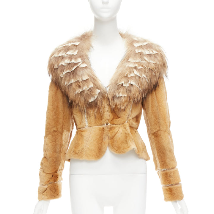 ADAM JONES brown fur lace trim collar tiered sleeve fitted jacket IT38 XS