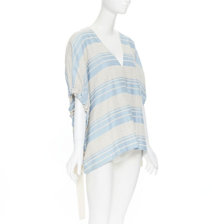 LEE MATTHEWS light grey blue striped linen cotton drawstring poncho top US0 XS