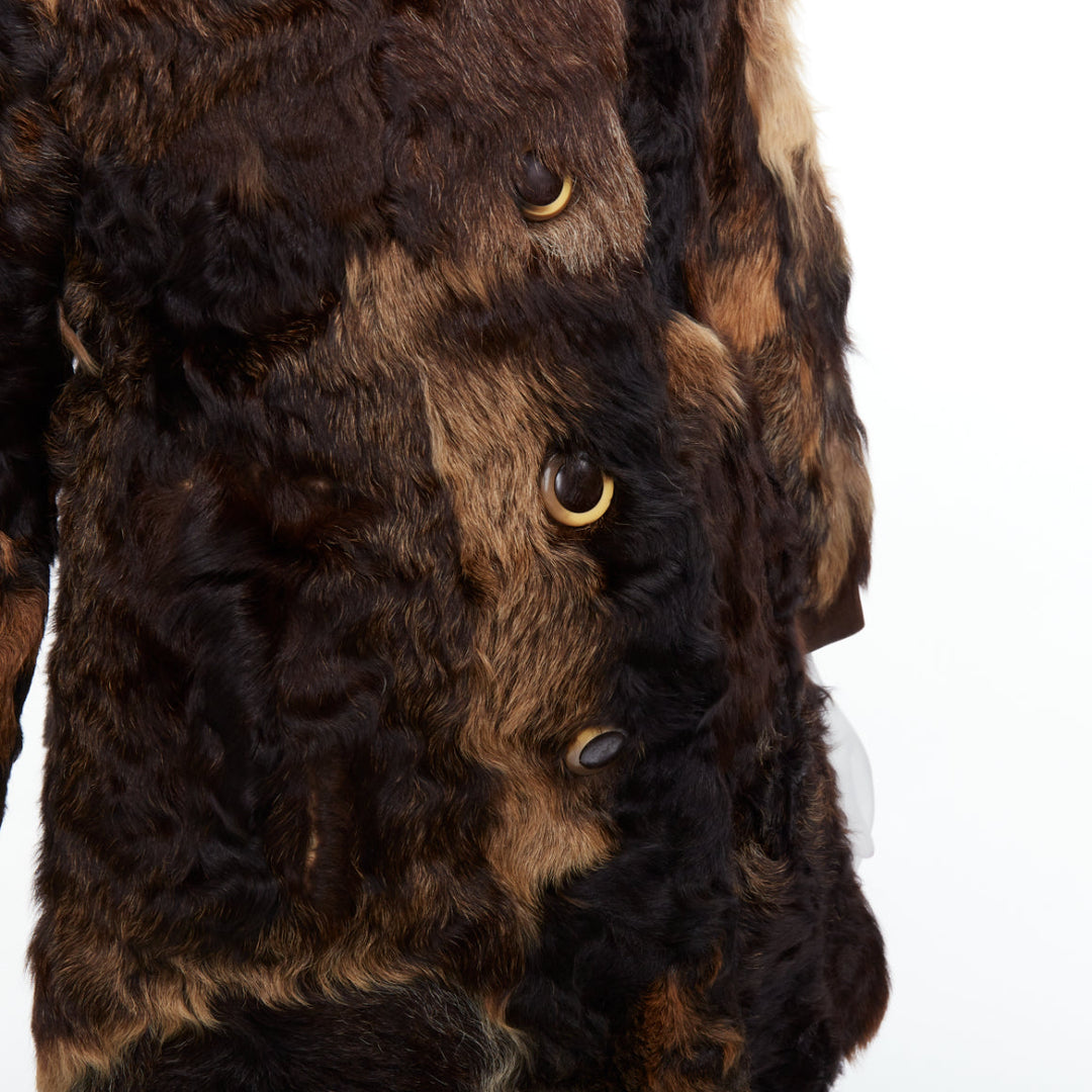 FRYLANE PARIS mixed texture brown genuine fur large button front leather coat