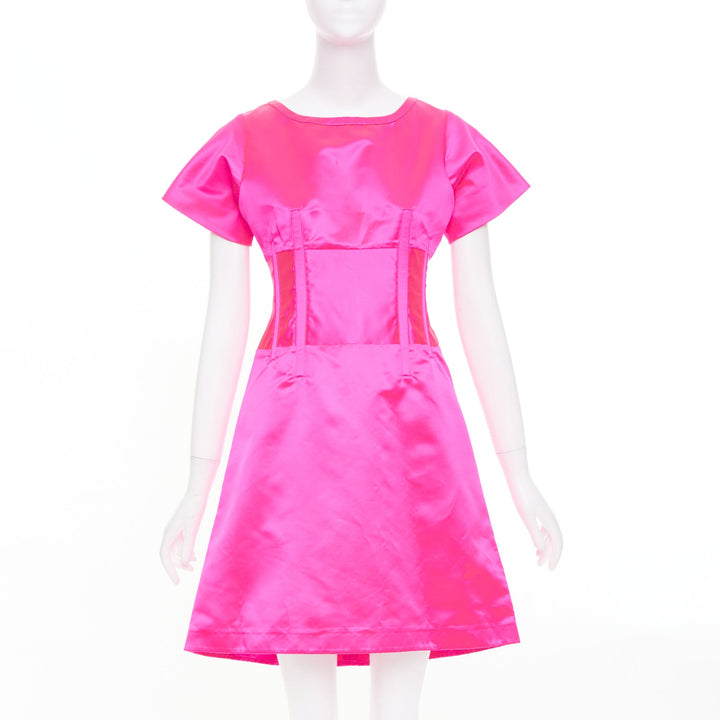 CELINE Vintage hot pink exposed boning satin flared cocktail mini dress FR38 M