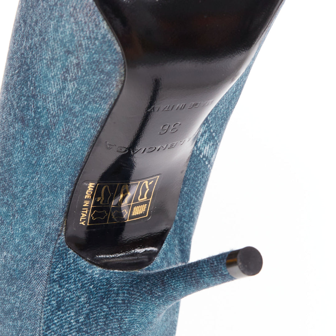 BALENCIAGA Knife blue denim trompe loeil pointy heeled boots EU36