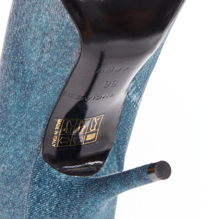 BALENCIAGA Knife blue denim trompe loeil pointy heeled boots EU36