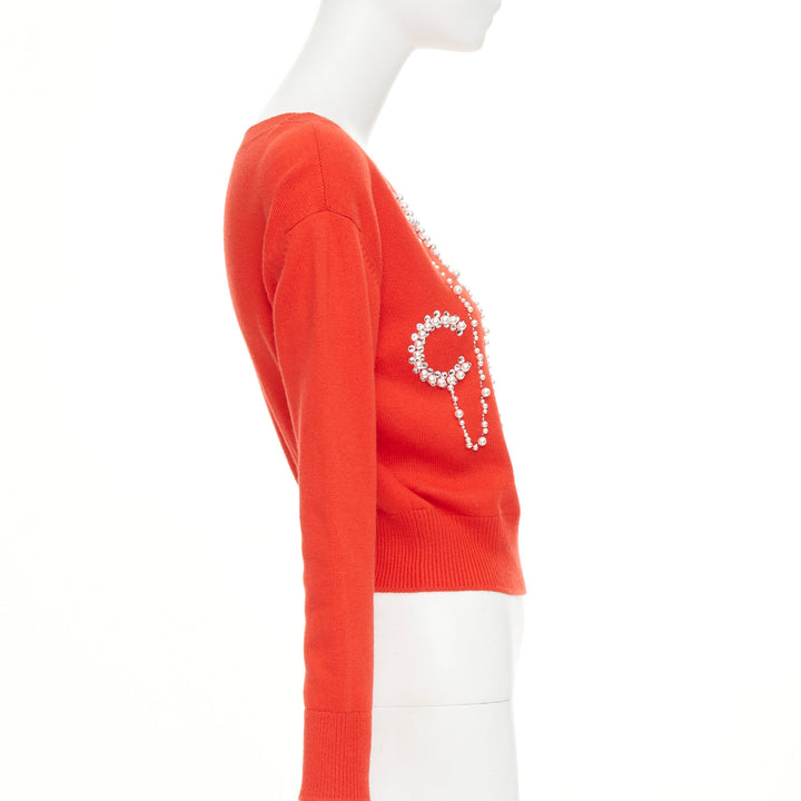 CHANEL 21S Runway 100% cashmere red pearl crystal beads spellout sweater FR34 XS