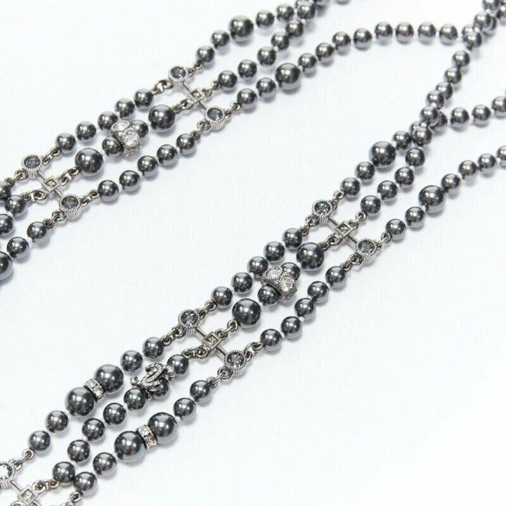 CHANEL black triple strand pearl strass crystal clasp CC pendent necklace