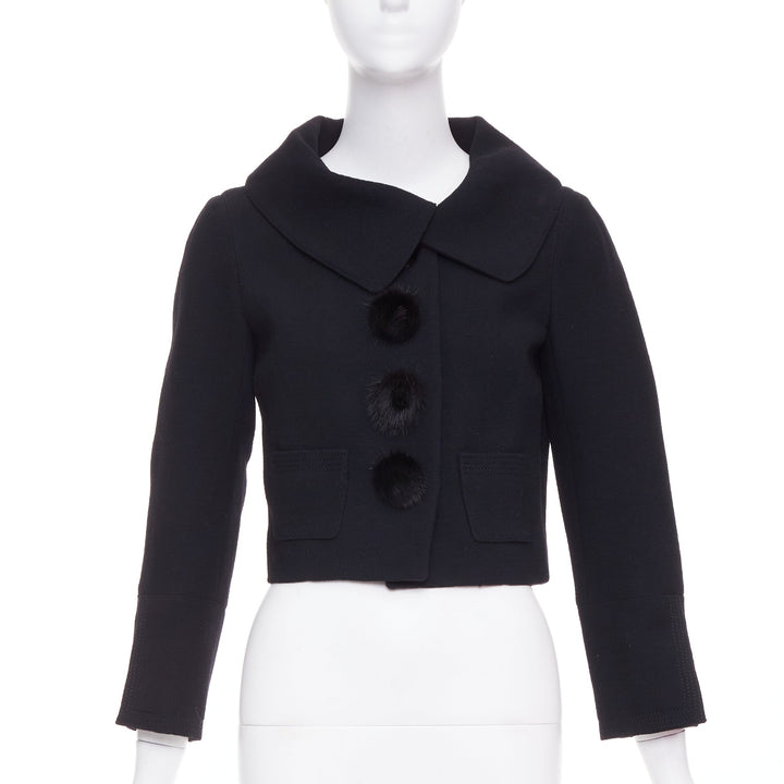 LOUIS VUITTON 2007 black wool crepe Mink fur button cropped jacket FR38 M