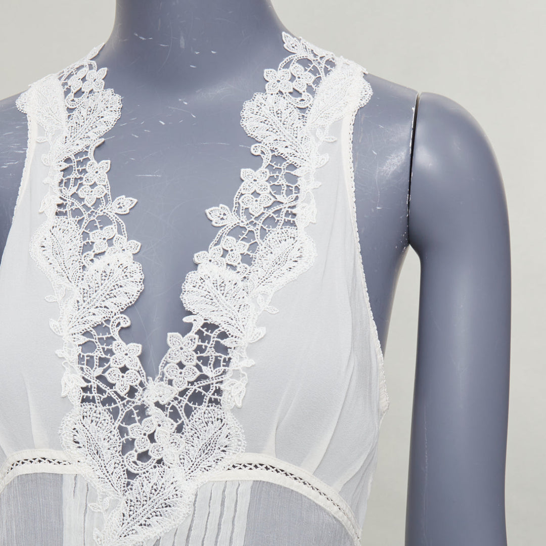 LA PERLA cream silk floral lace trim pleated deep V back cut out tank top Sz1 XS