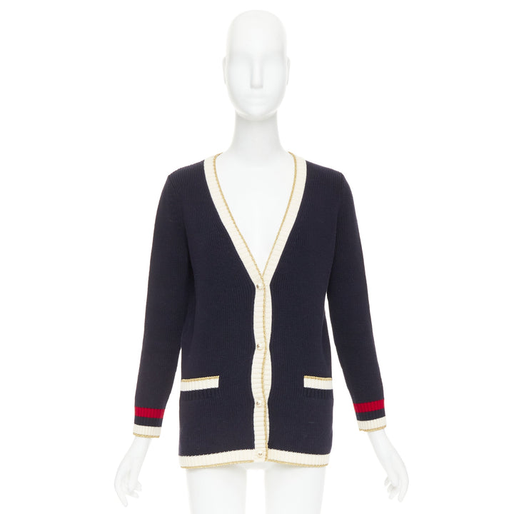 GUCCI Alessandro Michele navy cotton blend web pearl button cardigan XS
