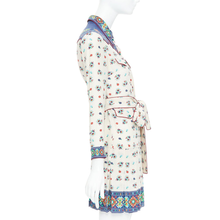 GUCCI 2016 navy cream 100% silk western print belted dress IT38 XS