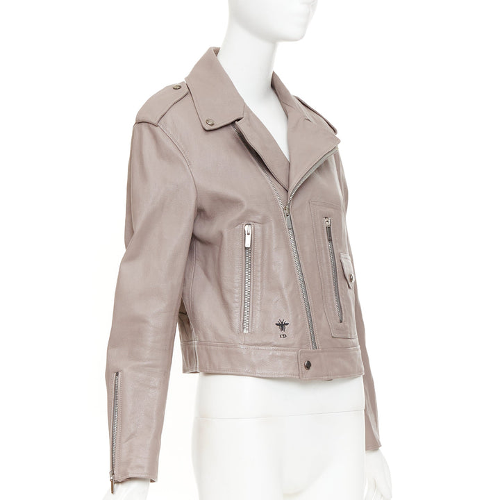 CHRISTIAN DIOR beige goat leather handpainted Phoenix zipped biker jacket FR38 M