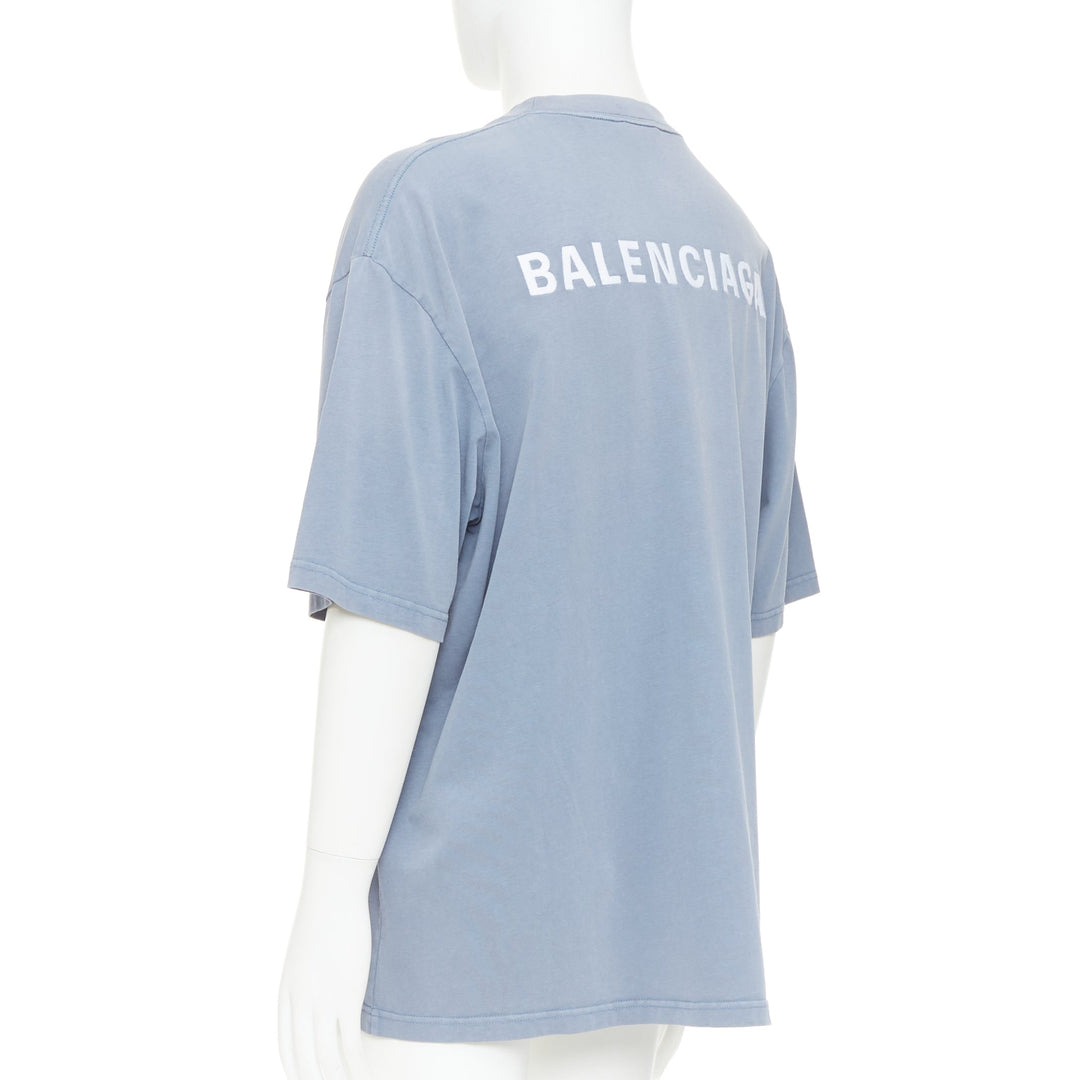 BALENCIAGA 2020 100% wool washed blue logo print crew neck oversized tshirt M