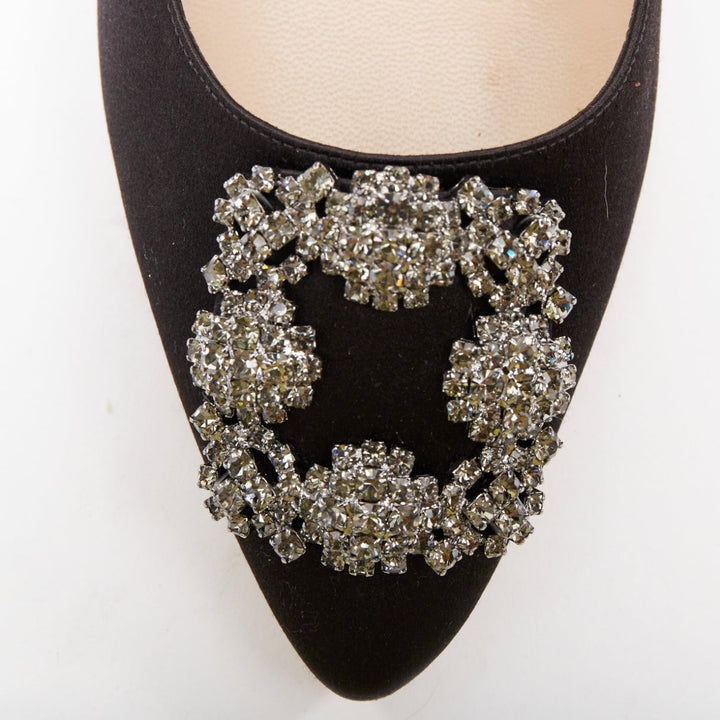 MANOLO BLAHNIK Hangisi black satin crystal brooch buckle heeled pumps EU38