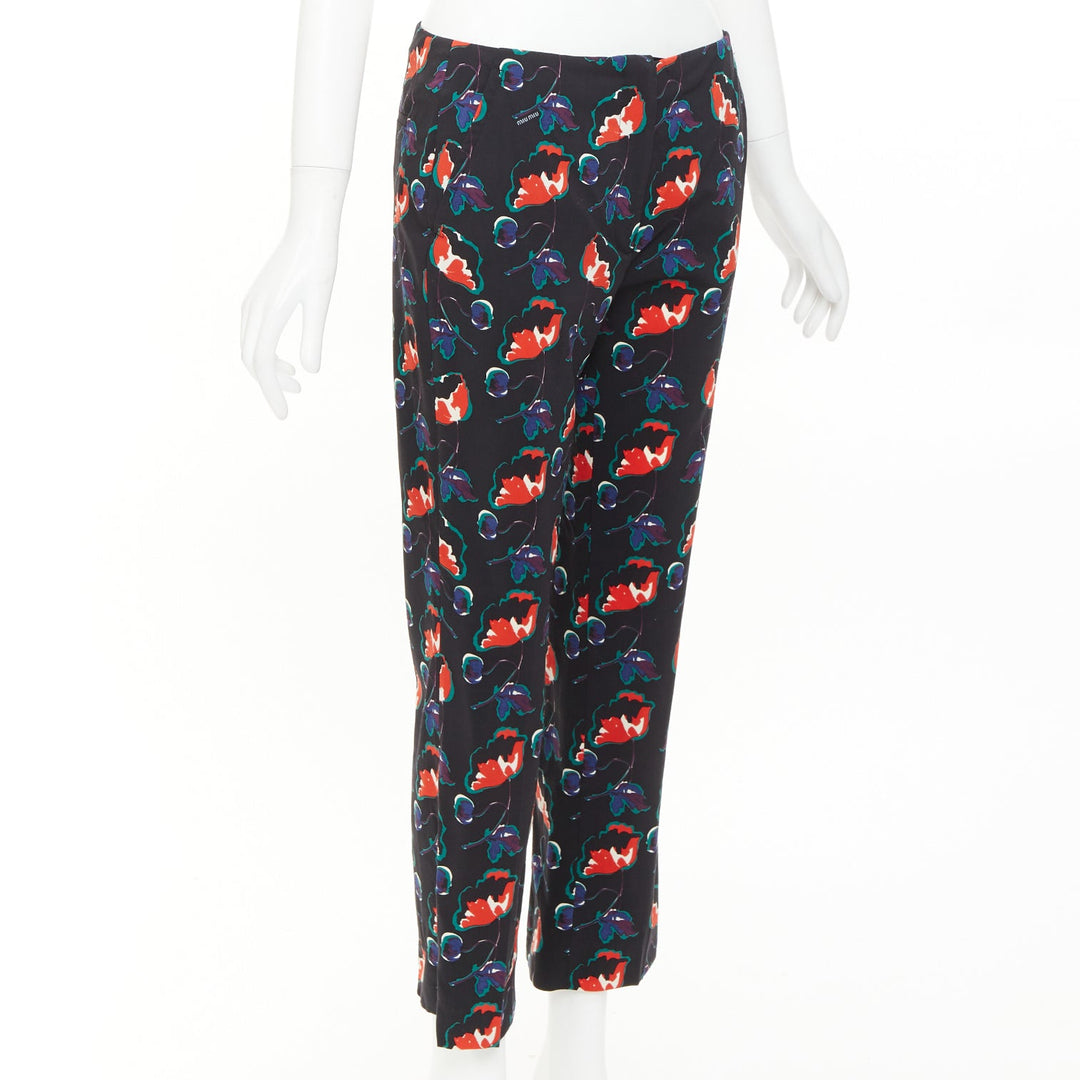 MIU MIU 2014 black red blue wool floral cropped kick flare trousers IT38 XS