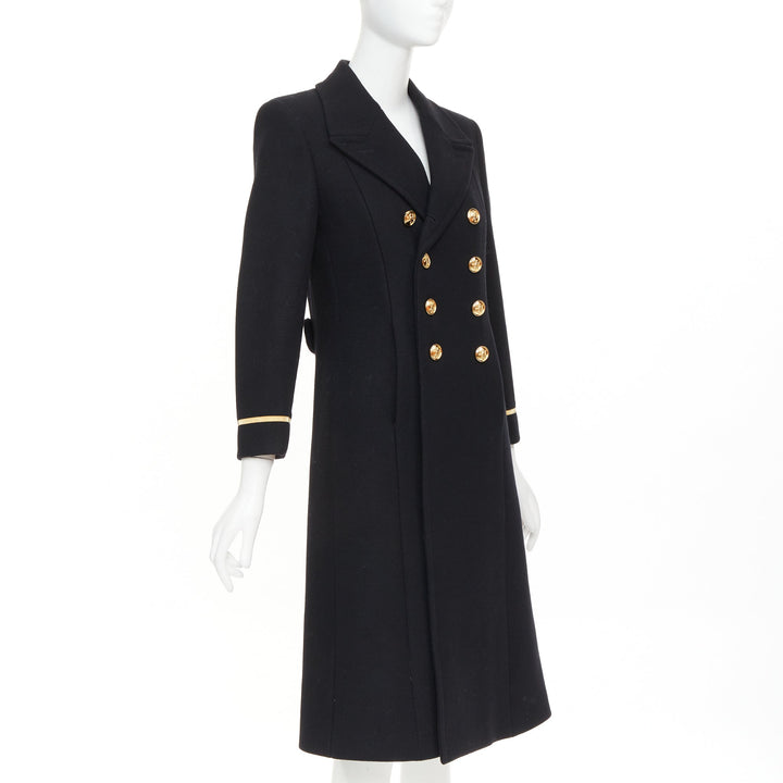 SAINT LAURENT 2016 black wool gold crest button military officer coat FR36