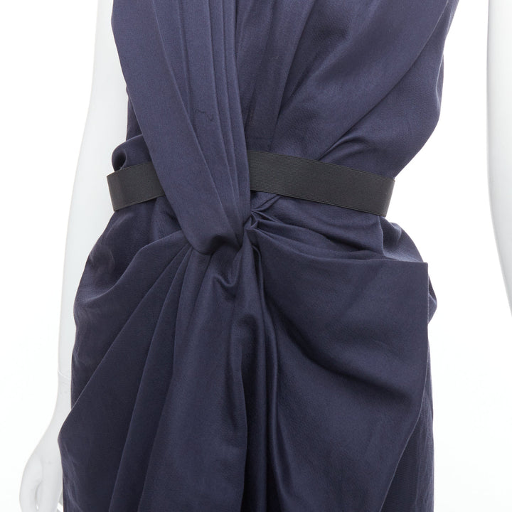 LANVIN 2010 navy ramie cotton drape black belted mini dress FR36 S