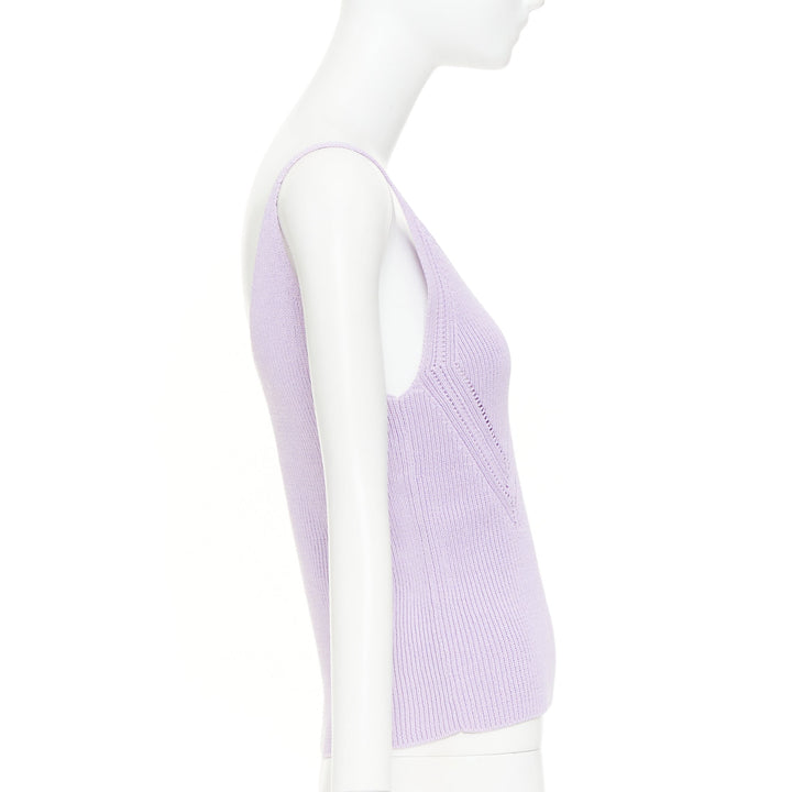 JIL SANDER lilac purple chevron pointelle ribbed knit v neck tank top FR32 XXS