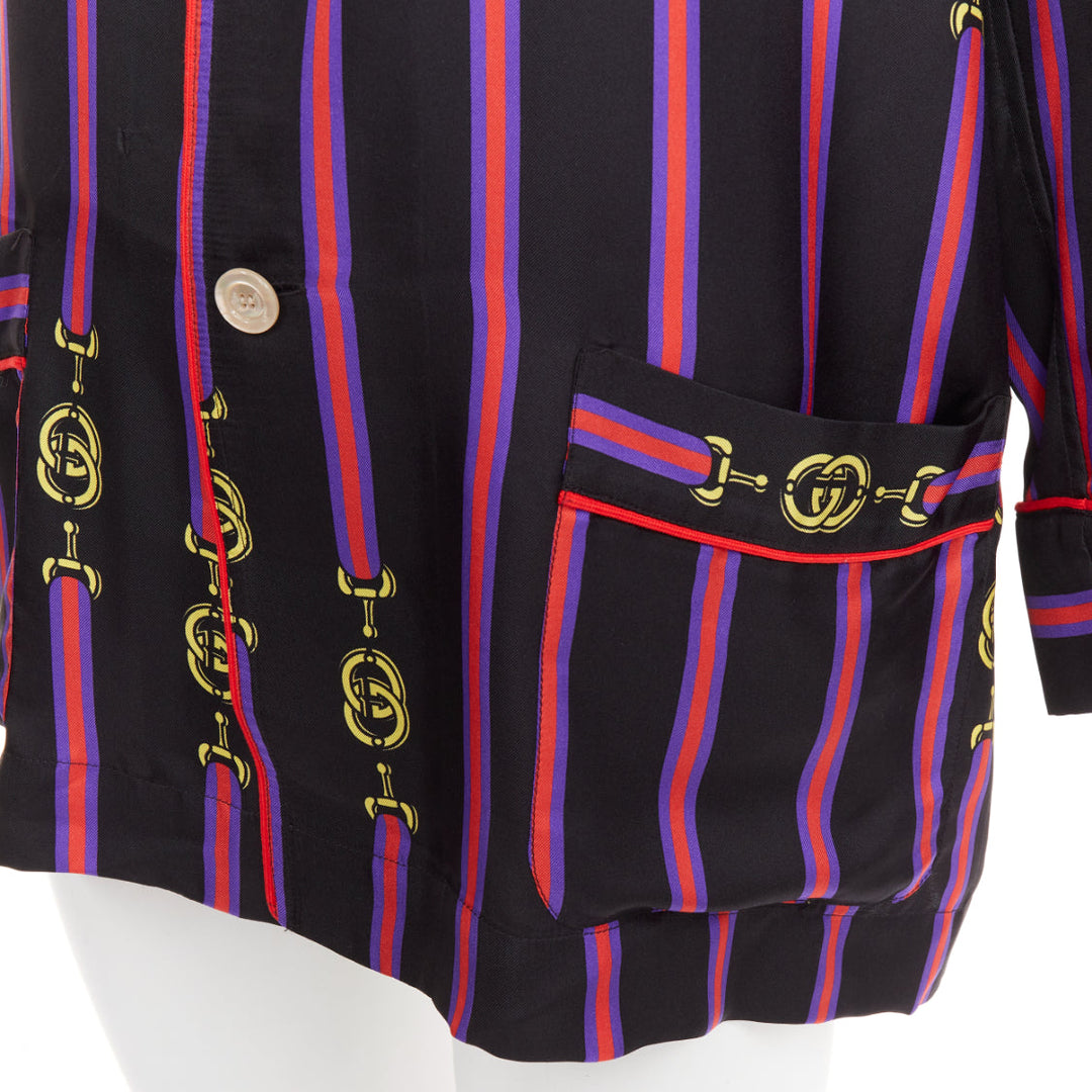 rare GUCCI GARDEN 100% silk black purple GG stripe pajama blouse shirt XXS