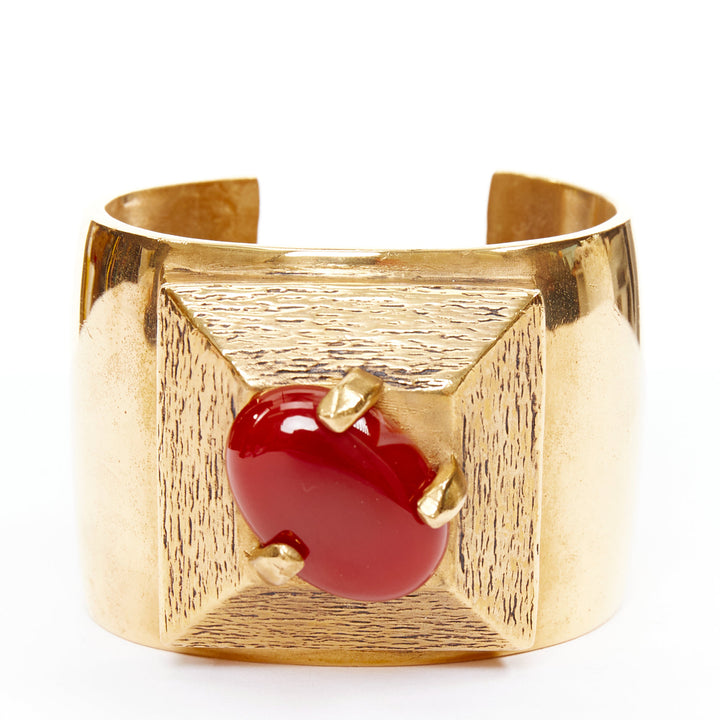 SAINT LAURENT 2022 Runway S Rouge Dore Carnelian Stone gold brass cuff bracelet