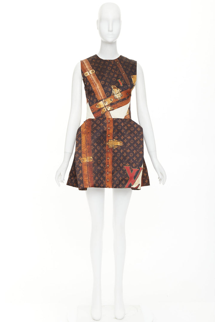LOUIS VUITTON 2024 Runway Monogram LV Trunk Pleat sleeveless mini dress FR36 S