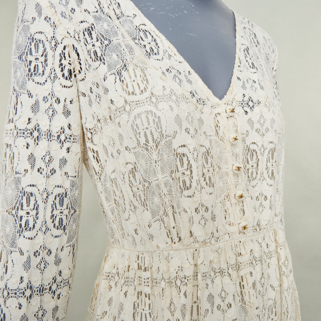 CELINE 2021 Bridal Triomphe button V neck embroidered lace maxi dress FR34 XS