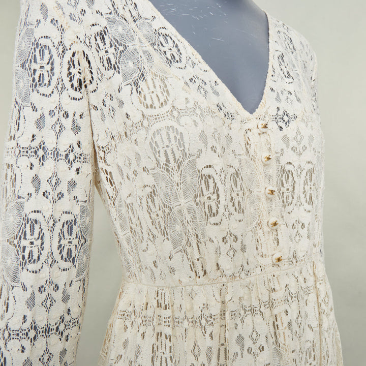 CELINE 2021 Bridal Triomphe button V neck embroidered lace maxi dress FR34 XS