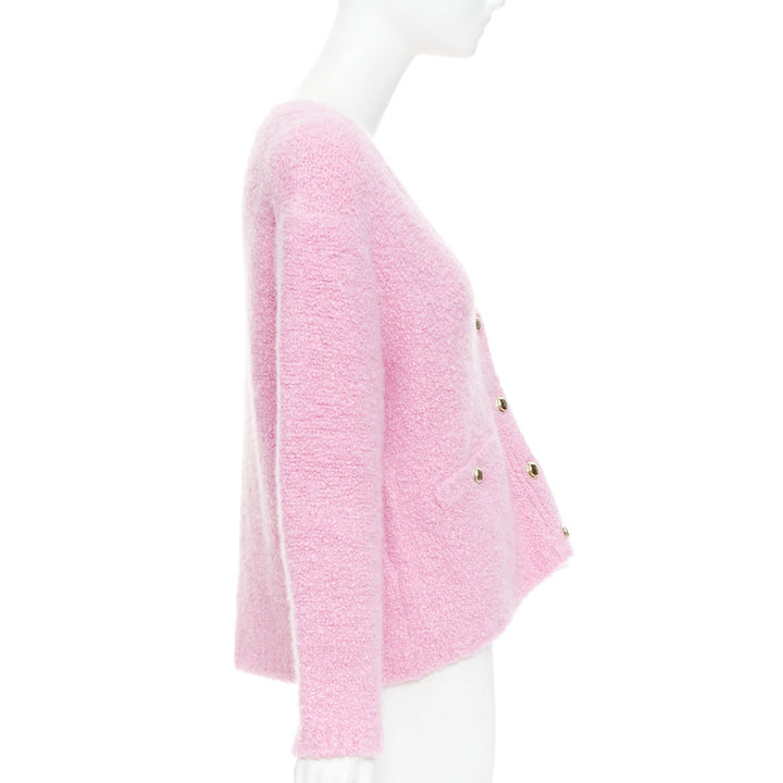 MIU MIU 2023 pink cashmere boucle logo gold button cardigan IT38 XS