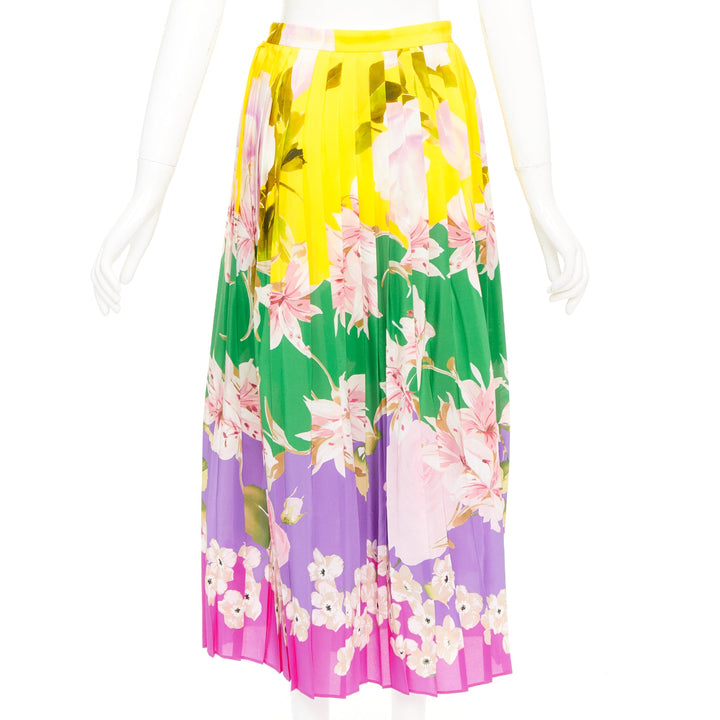 VALENTINO Flying Flowers silk colorblock pleated floral print midi skirt IT38 XS