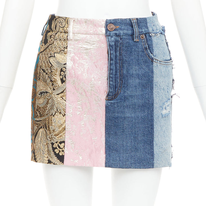DOLCE GABBANA Denim Minirock gold blue jacquard patchwork mini skirt IT38 XS