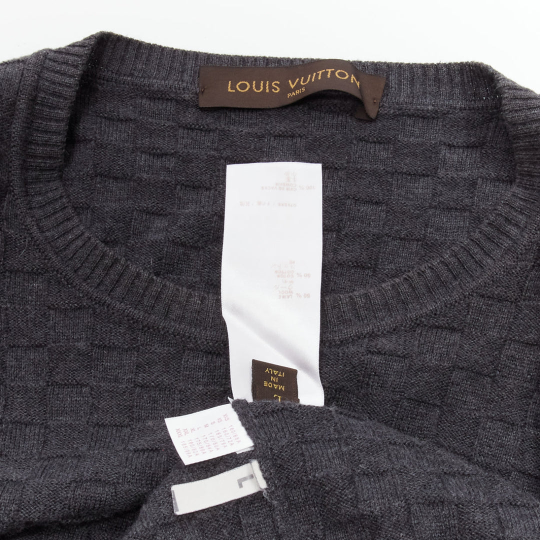 LOUIS VUITTON Damier grey wool cotton checks LV leather patch sweater L