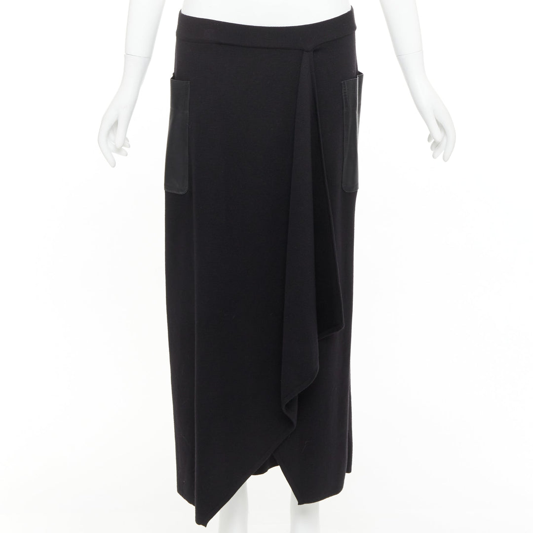 MAX MARA black leather patch pocket drape front mid waist midi skirt
