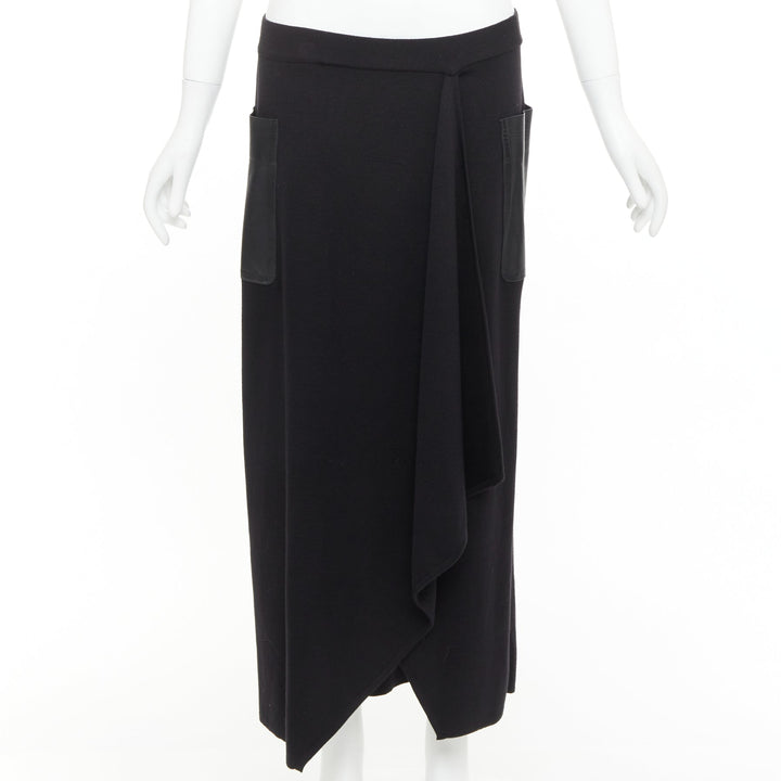 MAX MARA black leather patch pocket drape front mid waist midi skirt