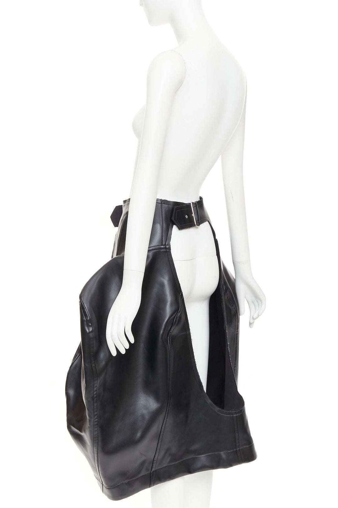 rare COMME DES GARCONS 2019 Runway black pleather cutout chaps pannier skirt M