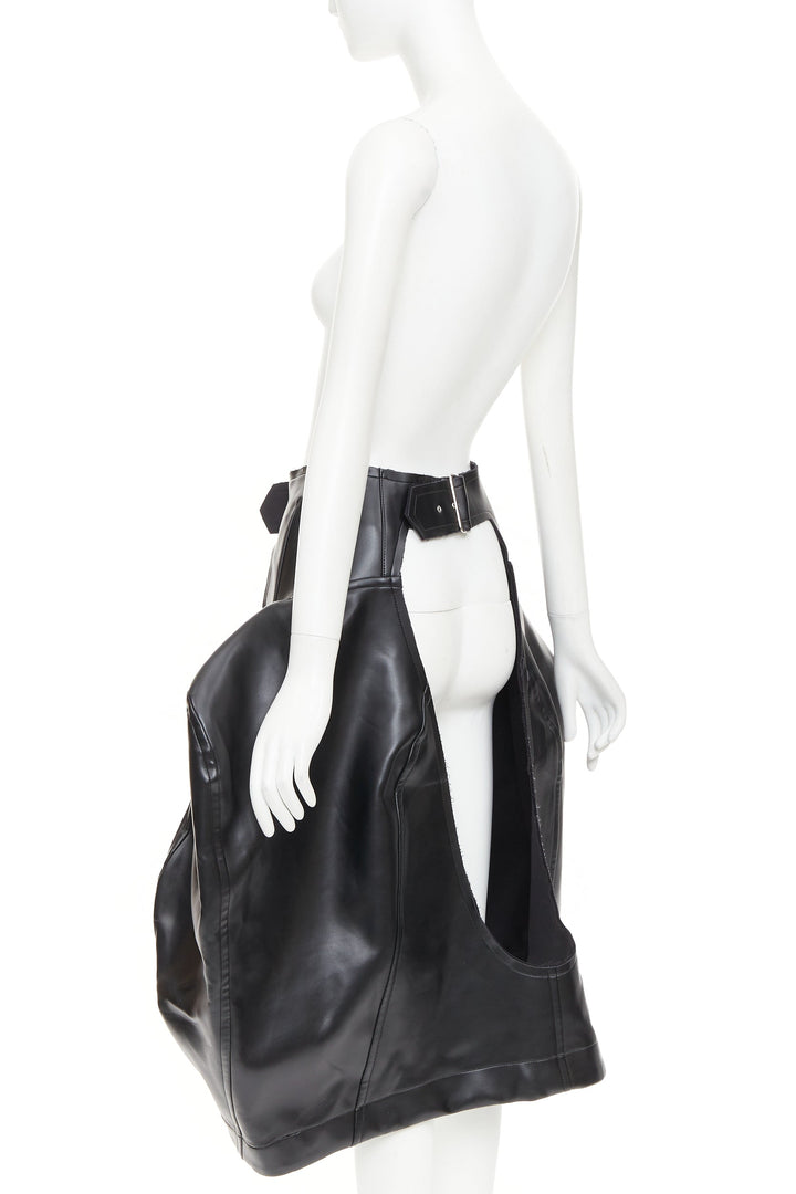 rare COMME DES GARCONS 2019 Runway black pleather cutout chaps pannier skirt M
